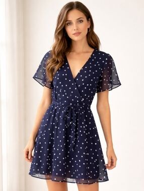 Just Fab Navy Blue Polka Dot Wrap Dress | V-Neck Flutter Sleeve | Elastic Waist